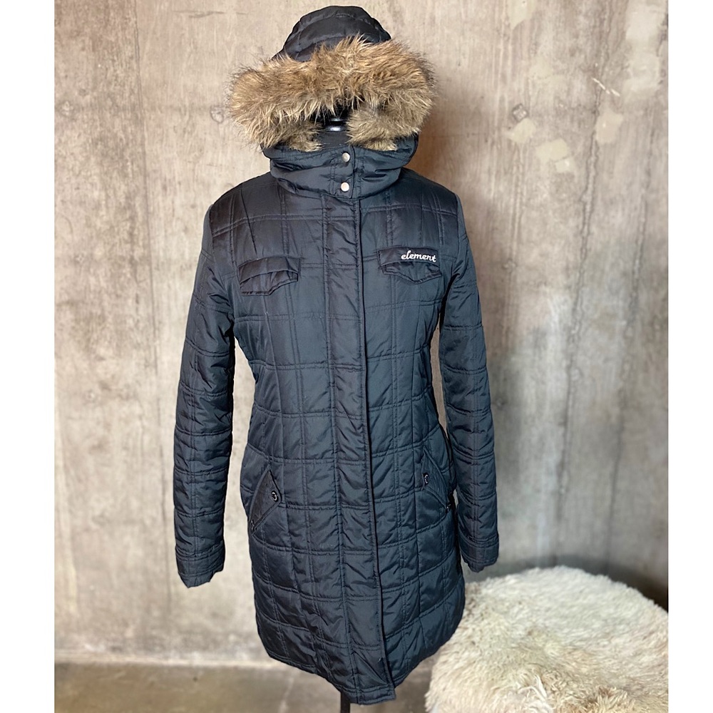 Women's Black Quilted Coat with Faux Fur Hood